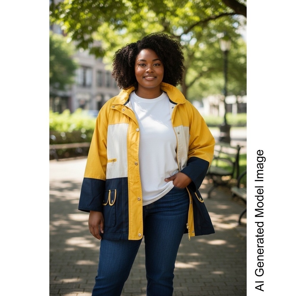 Vintage J.G. Hook Colorblock Sailing Jacket Yellow Navy White 2X Stowaway Hood